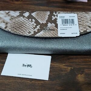 Coach Silver Metallic Clutch with Taupe Snakeskin-Print Flap